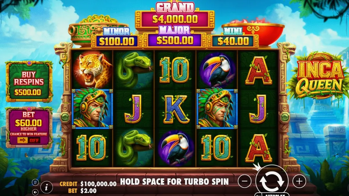 Interface do slot Inca Queen com símbolos de moedas e cenário de templo antigo