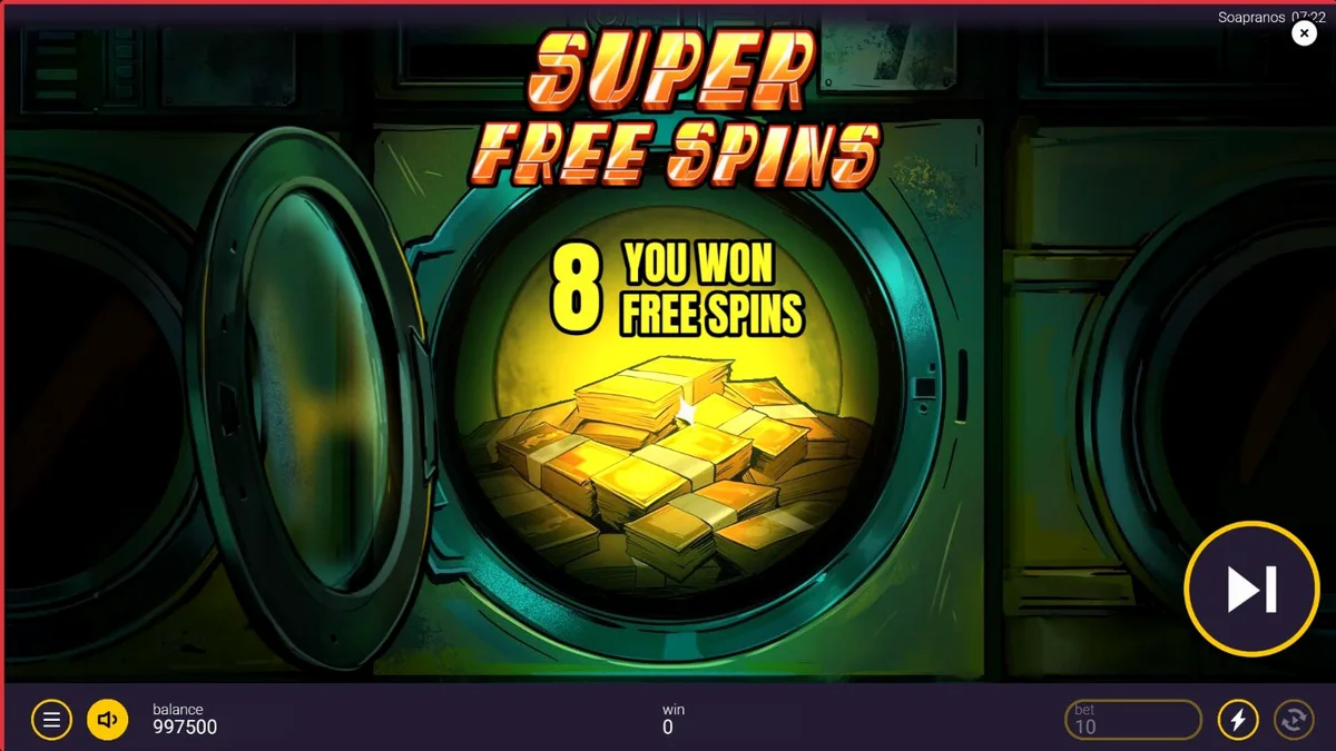 Interface do jogo The Soapranos com elementos de lavanderia e temática mafiosa